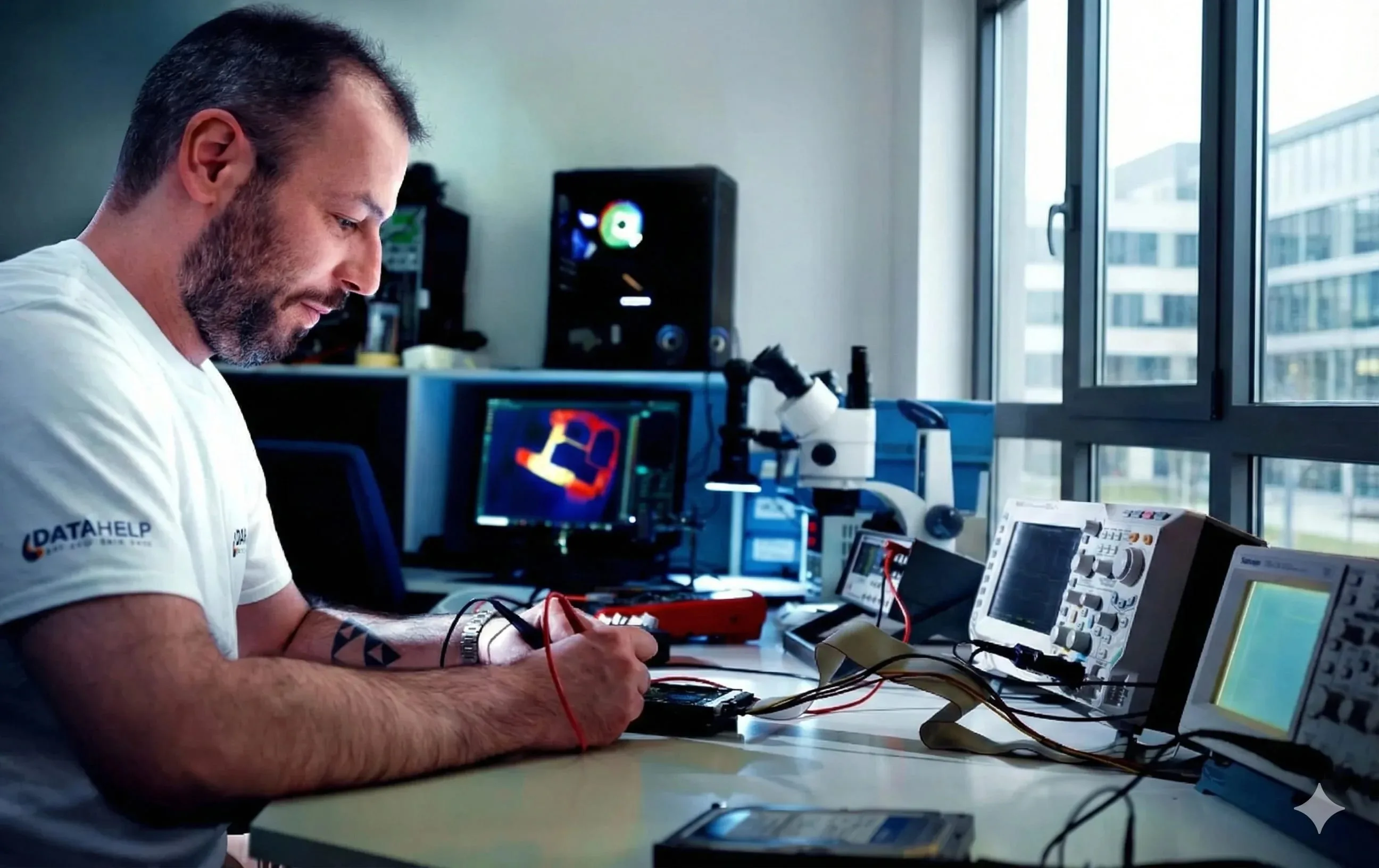 Technik měří osciloskopem elektroniku poškozeného disku